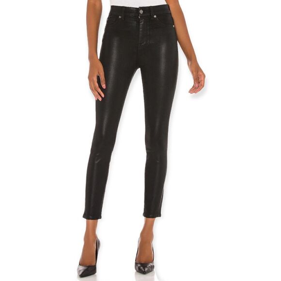 7 For All Mankind The High Waist Ankle Skinny With Faux Pockets in Black Coated